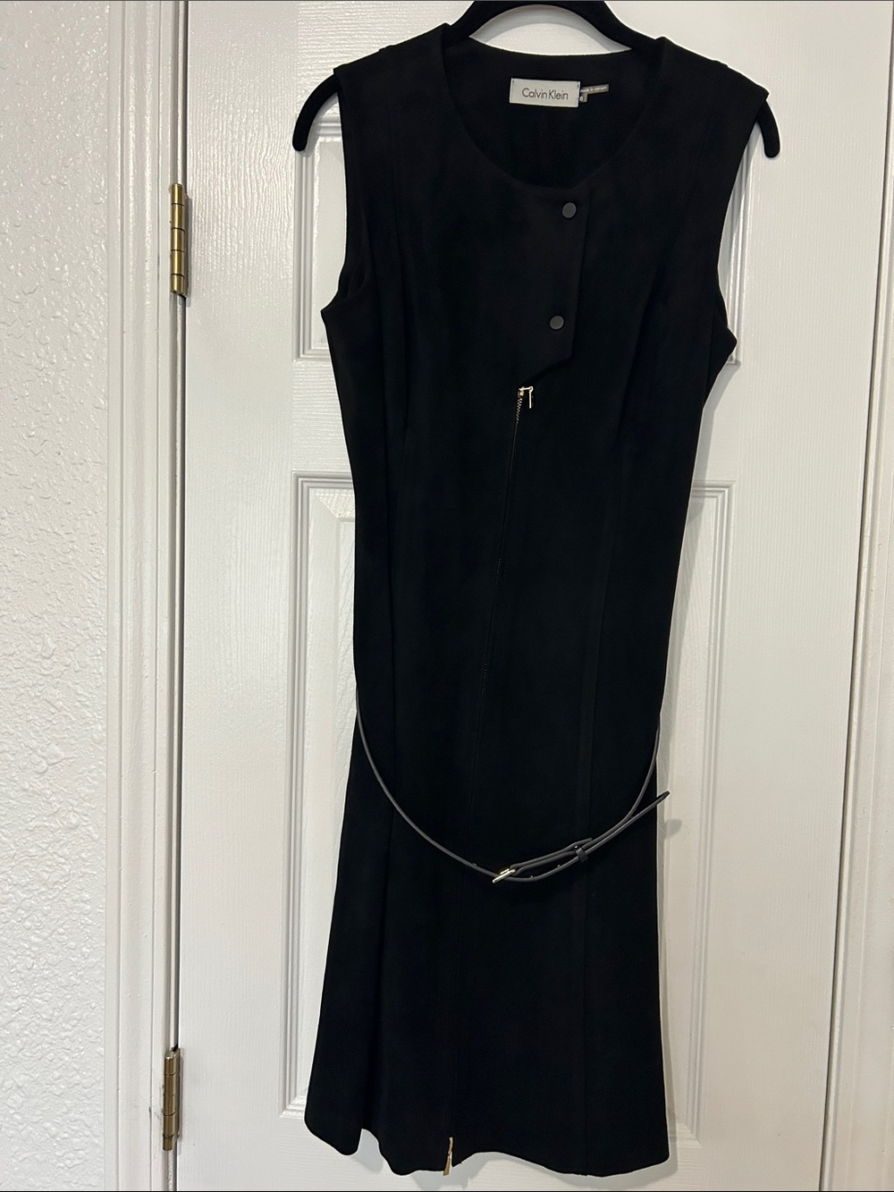 Calvin Klein Black Sleeveless Midi Sheath Dress with Belt